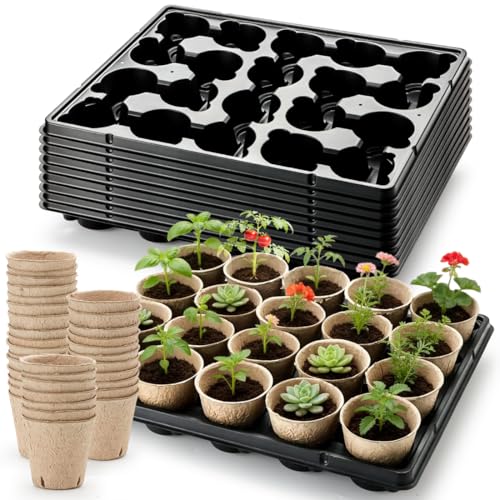 3.15 Inch Peat Pots 200 Pcs with 10 Pack 20 Cell Seed Starter Trays (Black / 3.15 Inch Peat Pots 200 Pack with 10 Pack Trays)