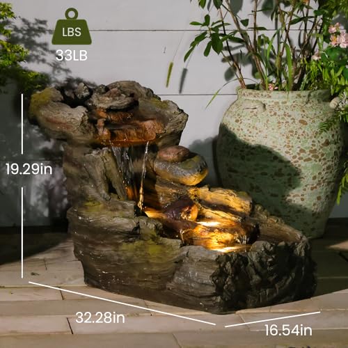 24H L Tree Trunk Outdoor Water Fountain with 3 Tiers (33H / Gray-4049)