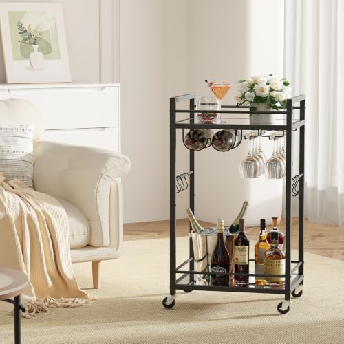 Bar Cart with 2 Mirrored Shelves (Black)