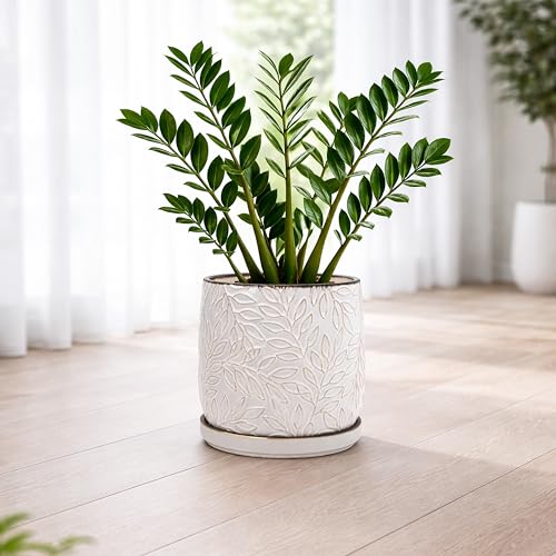Embossed Leaves Ceramic Planter (10 Inch / Smoked White)