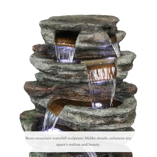 48" High 7 Tiers Cascading Rock Outdoor Water Fountain with LED Lights (48inch / Gray_6)