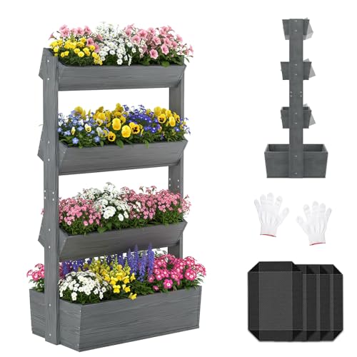 4 Tiers Vertical Raised Garden Bed Outdoor Planter Tower (31.5" x 18" x 55" 4 Tier / Gray-vertical)