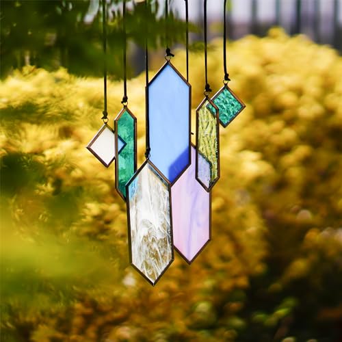 7pcs Stained Glass Window Hanging Suncatchers Modern Blue Wall Art Ornament (Blue Purple-7pcs)