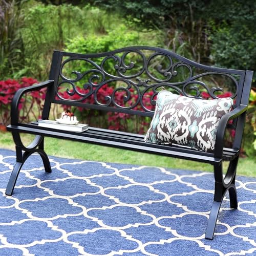 50 Inches Cast Iron Steel Frame Outdoor Garden Bench (Black)