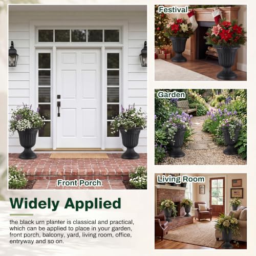 4 Pcs 13 x 15 Inches Black Plastic Urn Planter Classic Flower Pots Front Porch Planters Indoor Outdoor Planters with Pedestal for Wedding Party Bridal Shower Garden Patio Porch (13 x 15 Inches / Black)