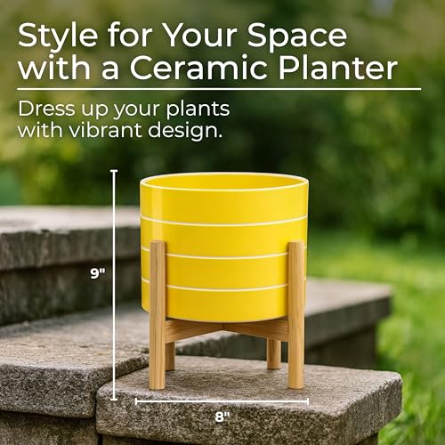 Striped Ceramic Planters with Wooden Stand as Home Decor Flower Pots for Entryway