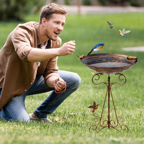 13" Vintage Metal Bird Bath with Cast Iron Pedestal (Brown-1)