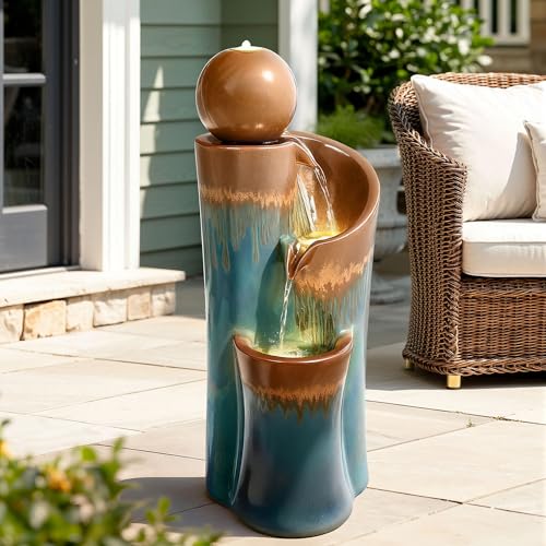 32" Ceramic Outdoor Water Fountain w (Teal & Copper Drip Glaze 32"h-sphere)