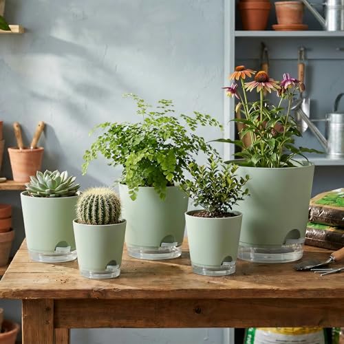 2026 Upgraded Self Watering Plant Pots with Drainage Hole (7-green-upgraded / 7+6.5+6+5.5+5+4 inch)