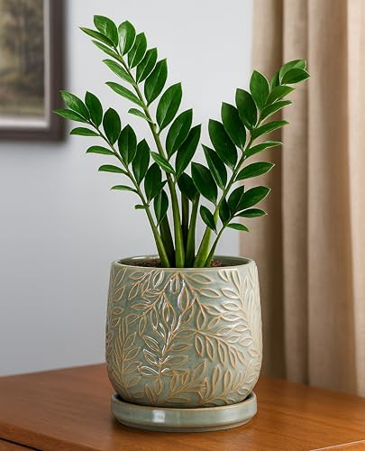 Embossed Leaves Ceramic Planter (6 Inch / Olive)