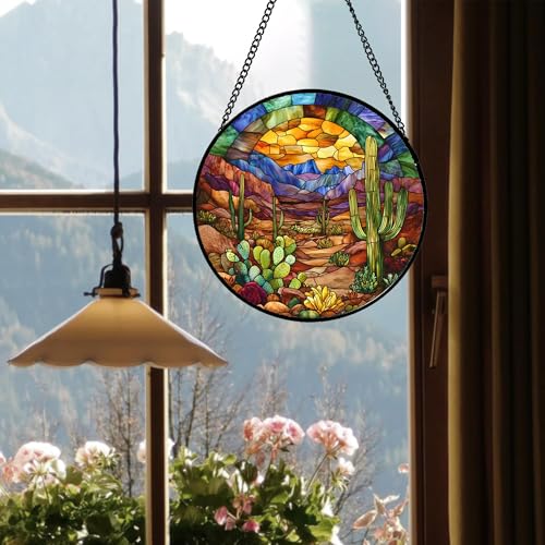 Desert Cactus Canyon Stained Glass Window Hanging Suncatcher Gifts 12" (Brown / 11.8x11.8 IN)