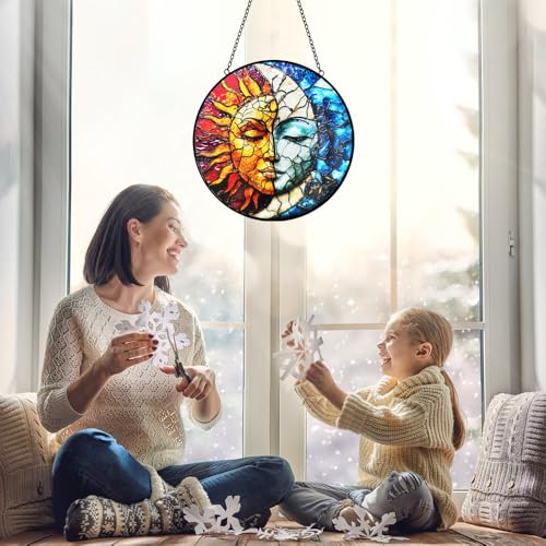 Sun and Moon Suncatcher Stained Glass Window Hanging (Sun and Moon Decor)