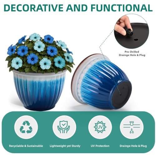 15" Large Planters for Outdoor Plants Set of 2 Plastic Flower Pots (15"-gradient Blue & White)