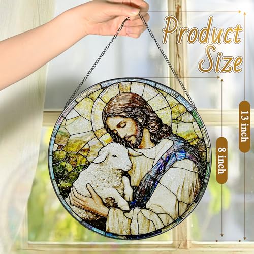 8 Inches Jesus Holding Lamb Painted Stained Glass Suncatcher (Jesus-e)
