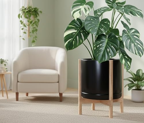 Ceramic Pot with Natural Wood Stand (14 Inch / Black Pot + Natural Stand)