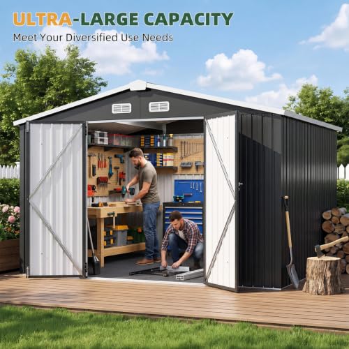 10x8 FT Shed Outdoor Storage Shed with Floor Black (Black / 9.8'x7.6')