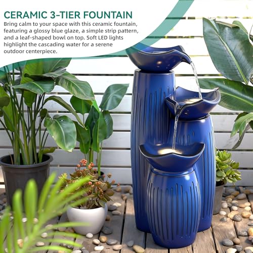 Autodaya 30" H Modern Ceramic Outdoor Water Fountain (Cobalt Blue Fluted-30"h)