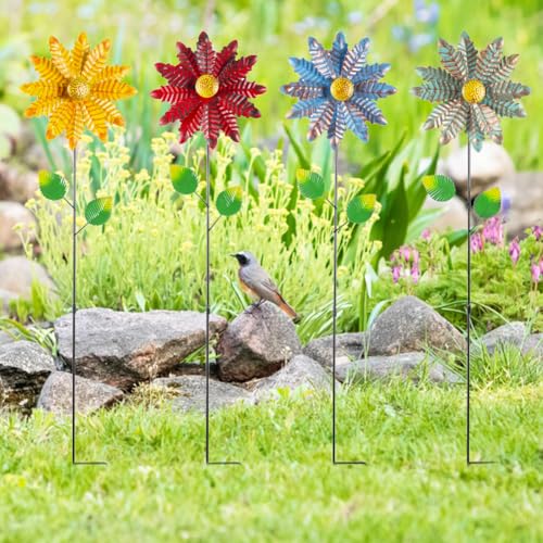 4 Packs Flowers Wind Spinners Outdoor (Flowers-vibrant)