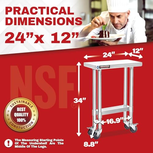 24x12 NSF Stainless Steel Cart Work Table (24" x 12" / Table Cart with Casters)