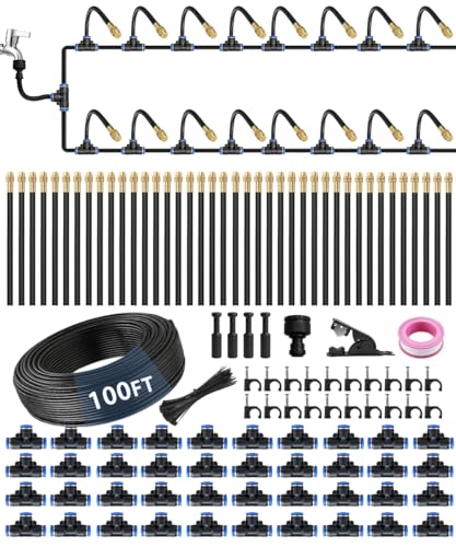 100FT 5 16" Misting Irrigation System for Garden with 40 Adjustable Nozzles (Mist 100 FT+40 Nozzles)