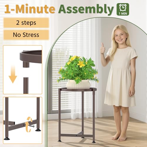 Metal Small Plant Stand Indoor Tall with 11 Inch Large Tray (Vintage Brown / 1 Tier)