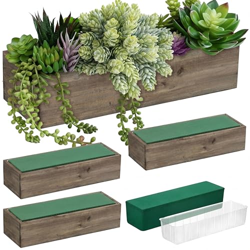 4 Set Wood Boxes for Centerpieces 12x4 Inch Rectangle Wooden Planter Box Rustic Wooden Planters with Removable Plastic Liner Floral Foam Blocks for Christmas Wedding Home Garden Decor (12 X 4 Inch / Brown)