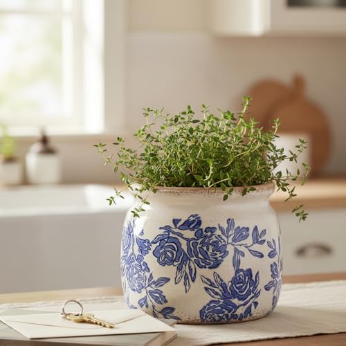 Chinoiserie Ceramic Plant Pot for Garden Decor (Blue & White Chinoiserie Floral / 6.3 in)