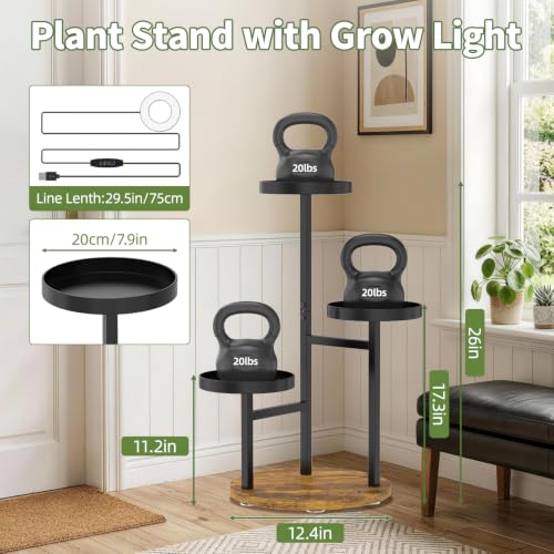 Corner Plant Stand Indoor Shelf Tall with Lights (Matte Black - Brown with Light / 3 Tier)