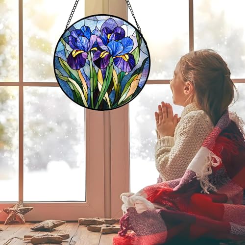 Blue Purple Iris Flowers Stained Glass Window Hanging Suncatcher Gifts 9.8" (Purple / 9.8x9.8 IN)