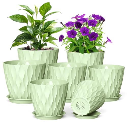 7/6.5/6/5.5/5/4.5/4 inch Plant Pots for Indoor Outdoor Plants, 7 Pack Thick Flower Pots with Drainage Holes and Saucers, Modern Wave Texture Plastic Planter Pots for Nursery, Succulent, Green (Green / 7+6.5+6+5.5+5+4.5+4 inch 7 pieces)
