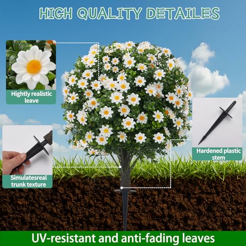 2 Pack Artificial Boxwood Topiary White Mum Flowers 24 UV Resistant Outdoor (Boxwood-daisy)