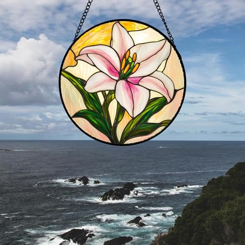 Stained Glass Window Hanging 4 Pcs Set Lily Rose Sunflower Poppy 6.3" (4-piece Red and Blue Set / 6.3x6.3 IN)