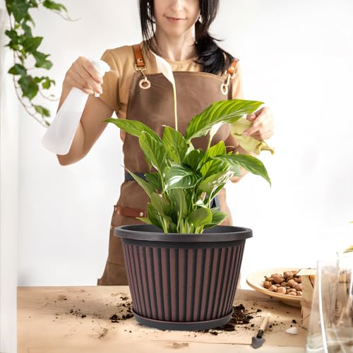 Planter-Pots-for-Plants-Indoor-Outdoor, 4 Pack 10 Inch Plastic Flower Pots with Saucer & Drainage Holes, Modern Garden Planters for Planting Medium Large Plants，Decorative Resin Garden Pots (4 Count)