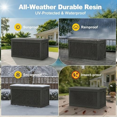 320 Gallon Outdoor Storage Box Resin Deck Box All Weather Waterproof Large Lockable Storage Container Deck Box for Patio Cushions (Black / 320 GAL NEW)