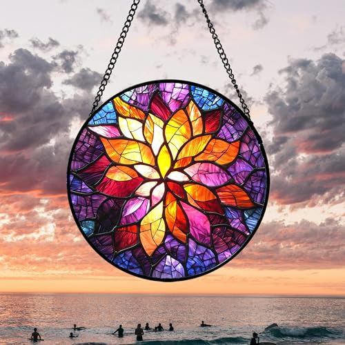 Purple Gradient Flower Stained Glass Window Hanging Gifts for Women 15" (Purple Orange / 15x15 IN)
