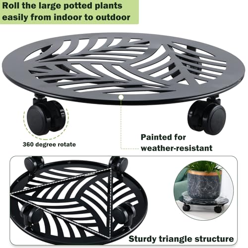 2 Packs Large Metal Plant Caddy with PU Wheels 12" (12"/ 13")