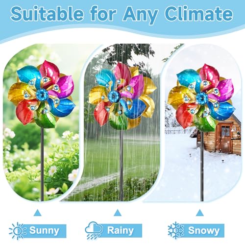 Double Sided Wind Spinner Outdoor Metal Wind Sculpture with Adjustable Height Pole & 5 Prong Base (Colorful)