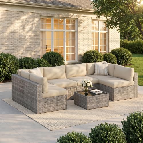 7 Pieces Wicker Outdoor Patio Furniture Set (Beige / 7-Pieces)