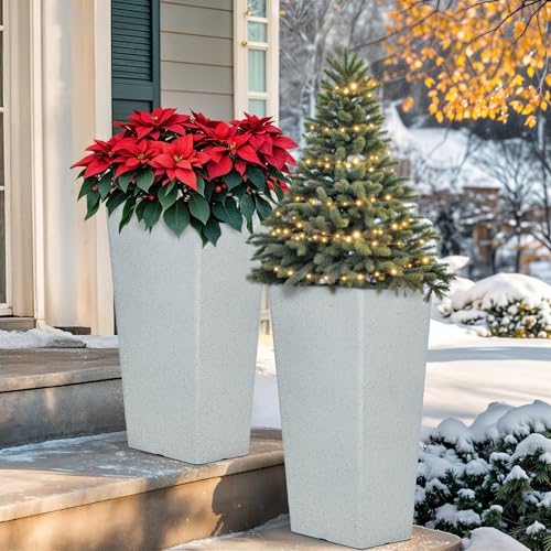 Autodaya 28" Plant Pots Tall Planters for Outdoor Plants Set of 2 with Tray (Tall Terrazzo White-28")