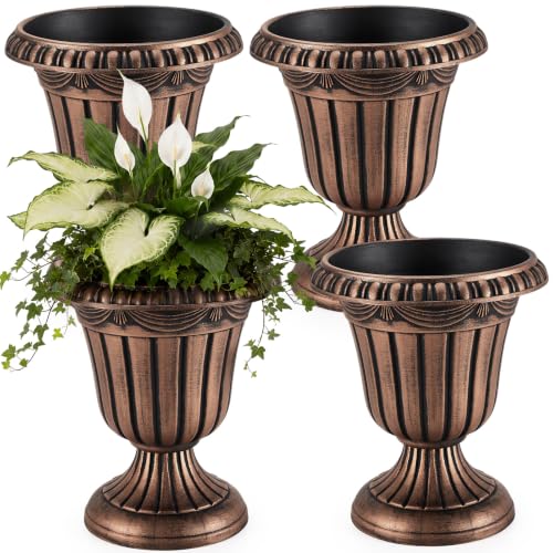 4 Pcs 10 x 12 Inches Brushed Copper Plastic Urn Planter Classic Flower Pots Front Porch Planters Indoor Outdoor Planters with Pedestal for Wedding Party Bridal Shower Garden Patio Porch (10 x 12 Inches / Brushed Copper)
