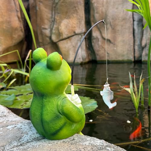 Frog Decoration for Yard Outdoor Garden Decor 9.7 Inch Tall Fishing Frog Statue for Koi Pond