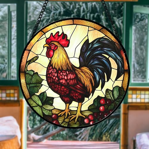 Stained Glass Window Hanging Big Rooster Suncatcher Gifts for Women 7.8" (Orange Red / 7.8x7.8 IN)