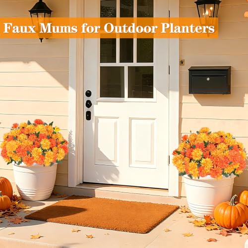 2 Sets Artificial Faux Fall Mums Hanging Flowers Plants Basket for Outdoor Decor (Orange)
