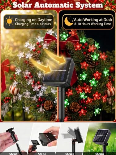 Solar Flower String Lights Outdoor Waterproof 50 LED Fairy Lights (Red & Green / 1 Pack)