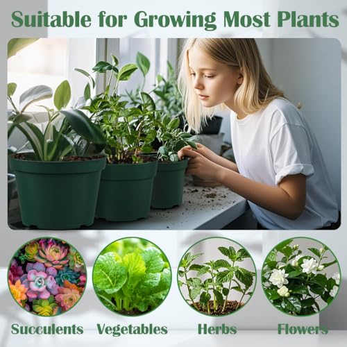 15 Pack 4/6/8 Inch Plant Nursery Pots, Sturdy Plant Pots with Drainage Holes, Ideal for Seedlings, Indoor/Outdoor Use, Green (15 Count)