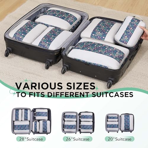 6 Set Compression Packing Cubes for Travel Essentials (Dark Blue Floral)
