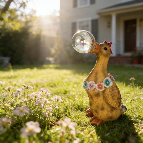 Porch Goose Statue with Solar Bubble Light Garden Yellow Figurine Decor for Yard Lawn Patio Outdoor Decorations Housewarming Gifts for Mom Grandma Women (Yellow Goose)