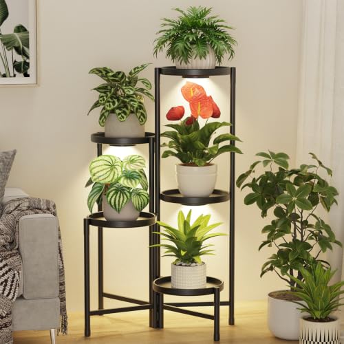 Plant Stand Indoor 10 Inch Large Tray With Lights (Black with Light / 5 Tier)