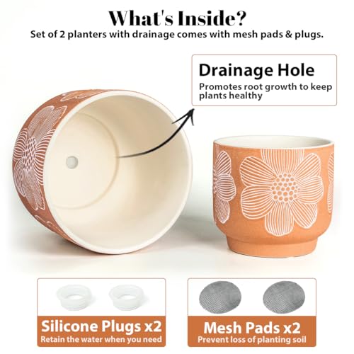 Ceramic Plant Pots (8+6 Inch / Modern Orange Floral)