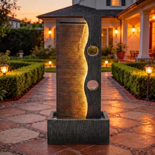 AUTODAYA 39" Modern Zen Outdoor Water Fountain LED Cascading Waterfall (Weathered Gray 39"h)